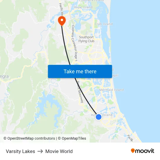 Varsity Lakes to Movie World map