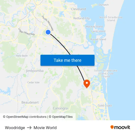 Woodridge to Movie World map