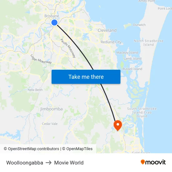 Woolloongabba to Movie World map