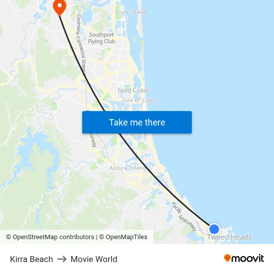 Kirra Beach to Movie World map