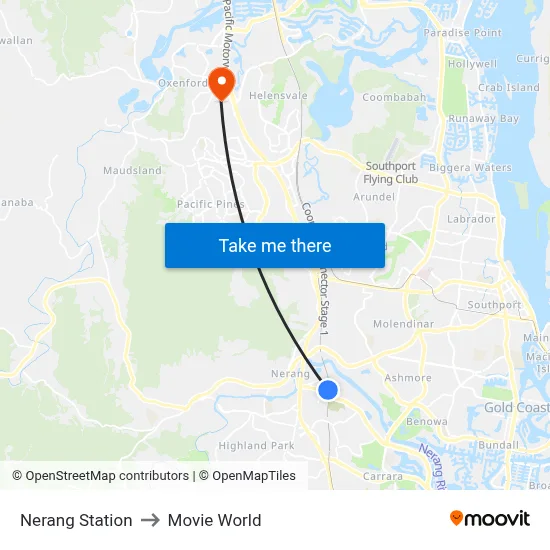 Nerang Station to Movie World map