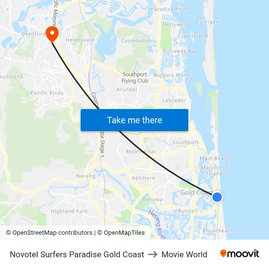 Novotel Surfers Paradise Gold Coast to Movie World map
