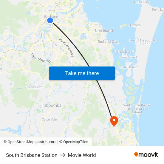 South Brisbane Station to Movie World map