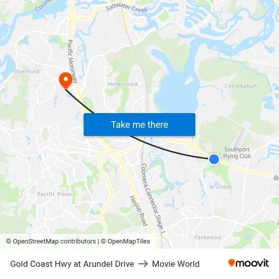 Gold Coast Hwy at Arundel Drive to Movie World map