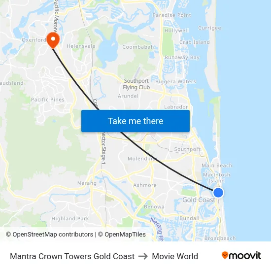 Mantra Crown Towers Gold Coast to Movie World map