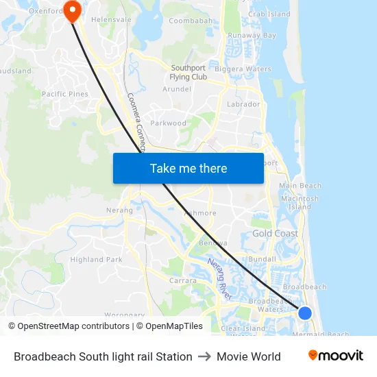 Broadbeach South light rail Station to Movie World map