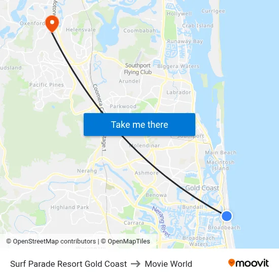 Surf Parade Resort Gold Coast to Movie World map