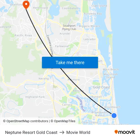 Neptune Resort Gold Coast to Movie World map