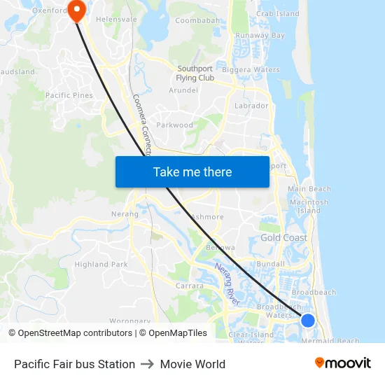 Pacific Fair bus Station to Movie World map
