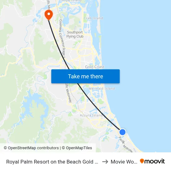 Royal Palm Resort on the Beach Gold Coast to Movie World map