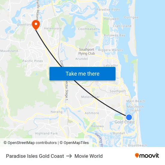 Paradise Isles Gold Coast to Movie World map