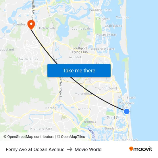 Ferny Ave at Ocean Avenue to Movie World map