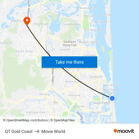 QT Gold Coast to Movie World map