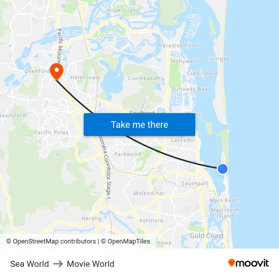 Sea World to Movie World map