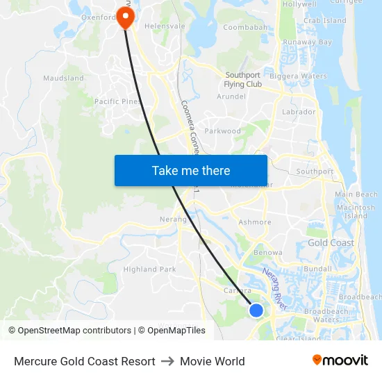 Mercure Gold Coast Resort to Movie World map