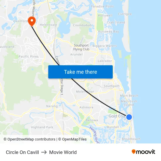 Circle On Cavill to Movie World map