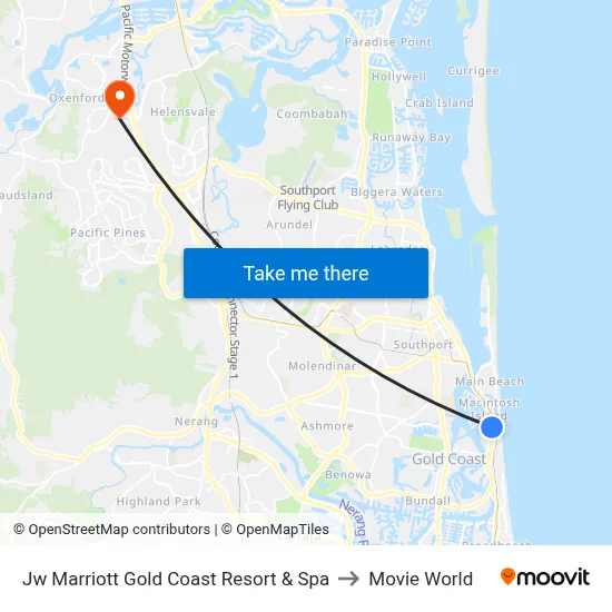 Jw Marriott Gold Coast Resort & Spa to Movie World map