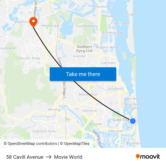 58 Cavill Avenue to Movie World map