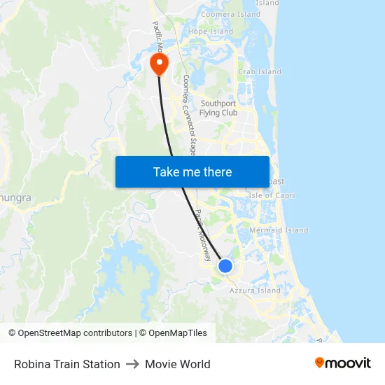 Robina Train Station to Movie World map