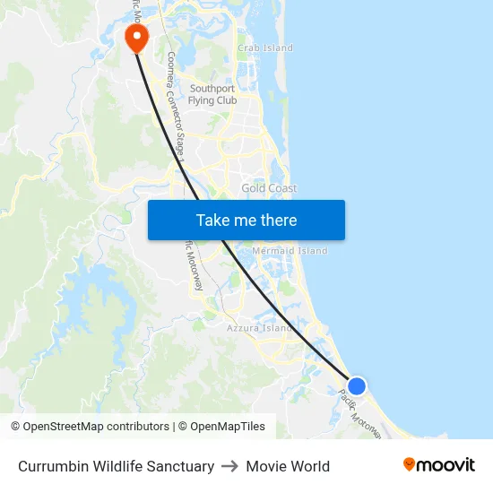 Currumbin Wildlife Sanctuary to Movie World map