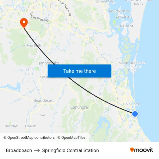 Broadbeach to Springfield Central Station map