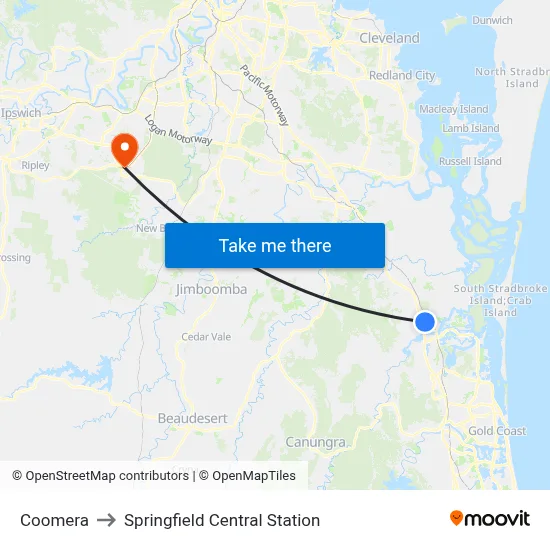 Coomera to Springfield Central Station map