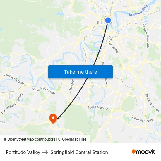 Fortitude Valley to Springfield Central Station map