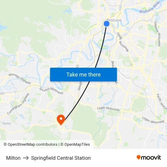 Milton to Springfield Central Station map