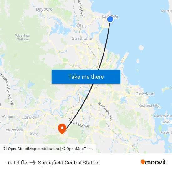 Redcliffe to Springfield Central Station map