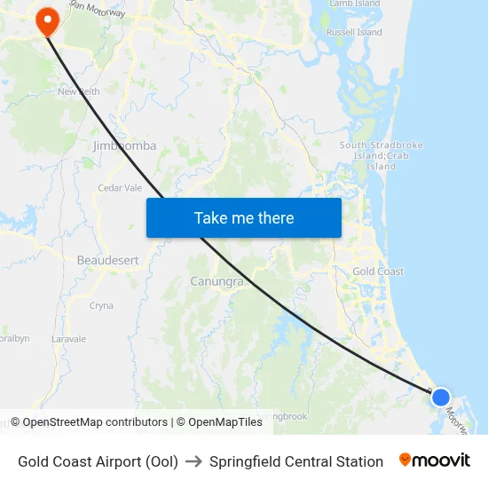 Gold Coast Airport (Ool) to Springfield Central Station map