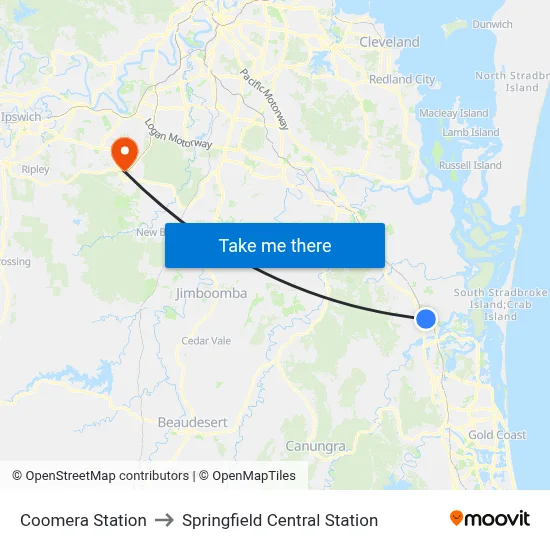 Coomera Station to Springfield Central Station map