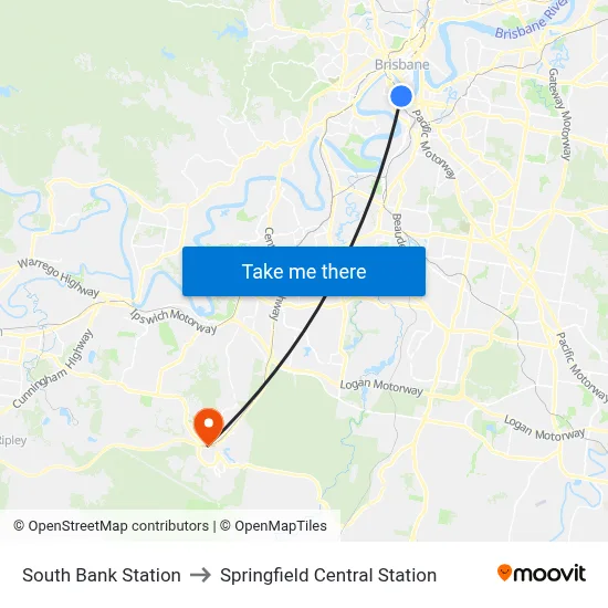 South Bank Station to Springfield Central Station map