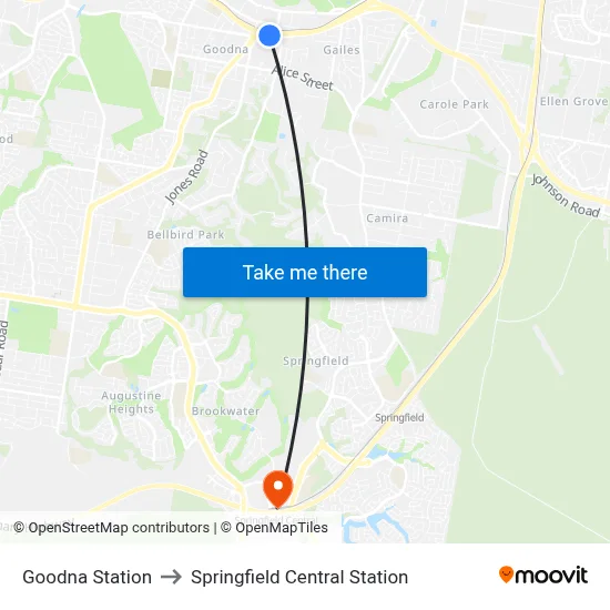 Goodna Station to Springfield Central Station map