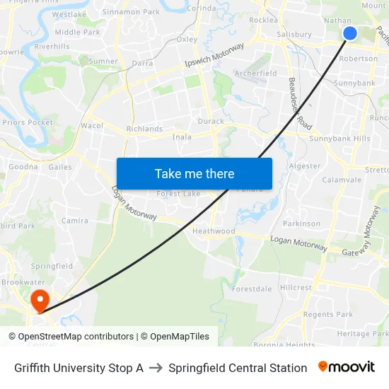 Griffith University Stop A to Springfield Central Station map