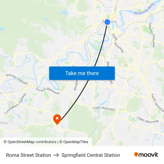 Roma Street Station to Springfield Central Station map