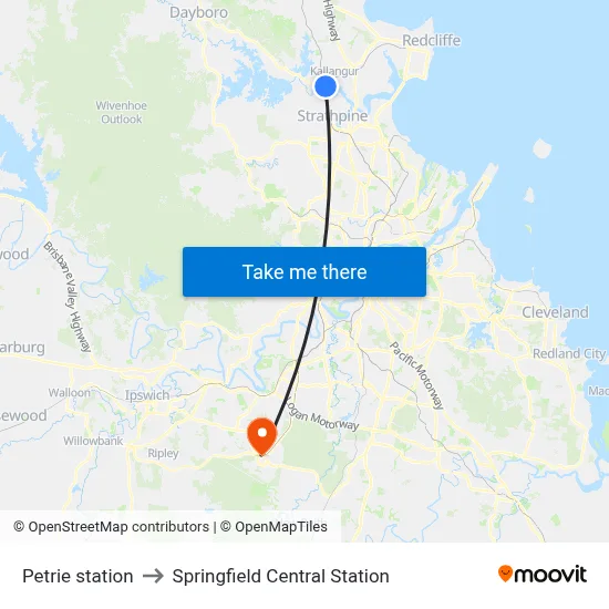 Petrie station to Springfield Central Station map