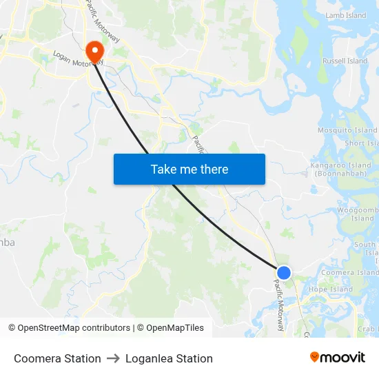 Coomera Station to Loganlea Station map