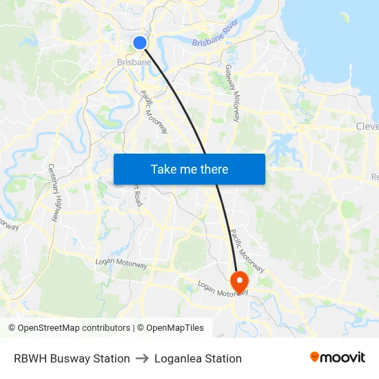 RBWH Busway Station to Loganlea Station map