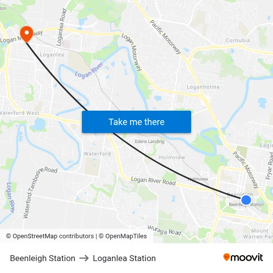 Beenleigh Station to Loganlea Station map