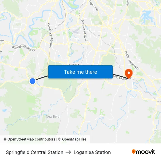 Springfield Central Station to Loganlea Station map