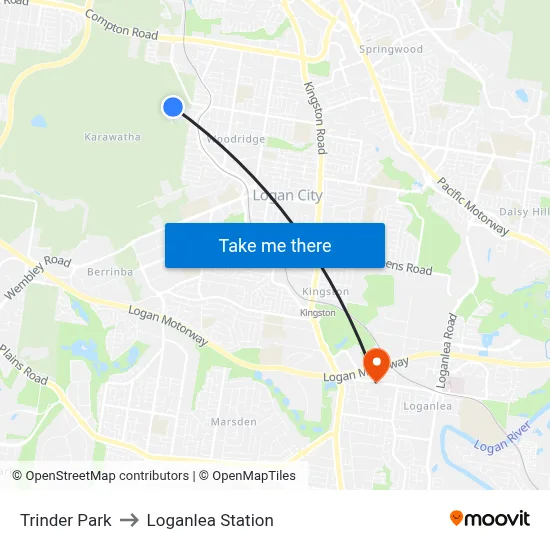 Trinder Park to Loganlea Station map