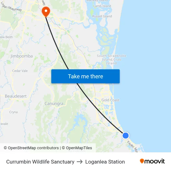 Currumbin Wildlife Sanctuary to Loganlea Station map