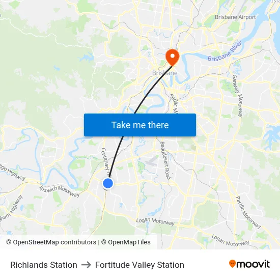 Richlands Station to Fortitude Valley Station map