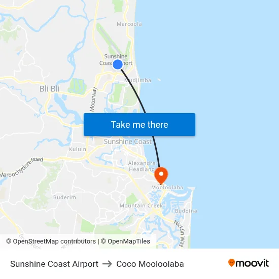 Sunshine Coast Airport to Coco Mooloolaba map