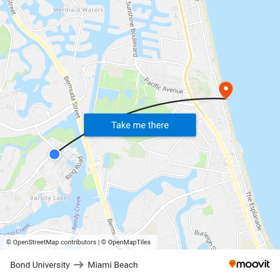 Bond University to Miami Beach map