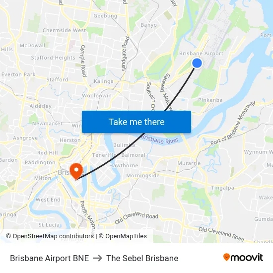 Brisbane Airport BNE to The Sebel Brisbane map