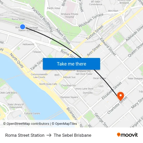 Roma Street Station to The Sebel Brisbane map
