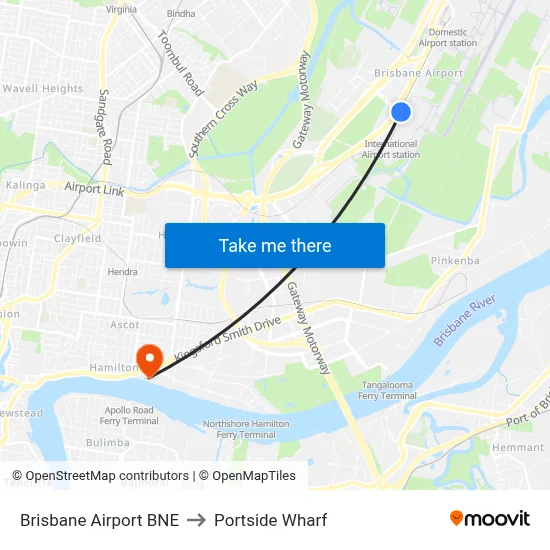 Brisbane Airport BNE to Portside Wharf map