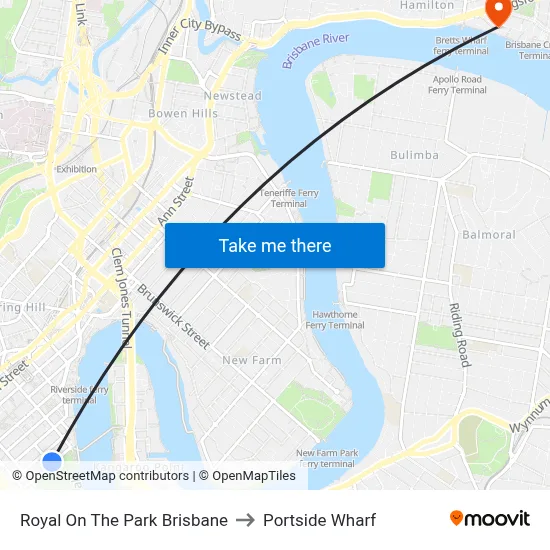 Royal On The Park Brisbane to Portside Wharf map