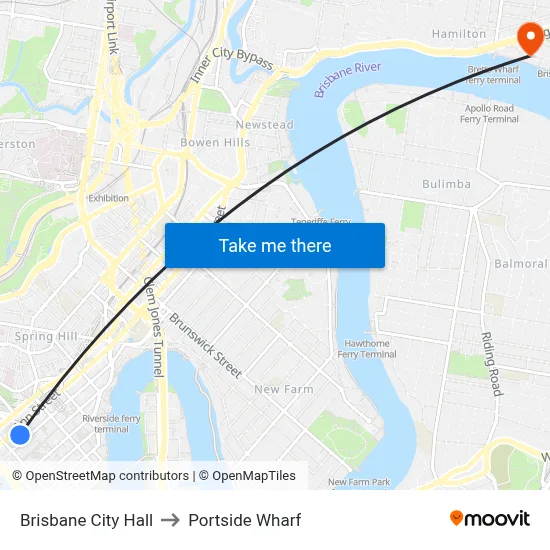 Brisbane City Hall to Portside Wharf map